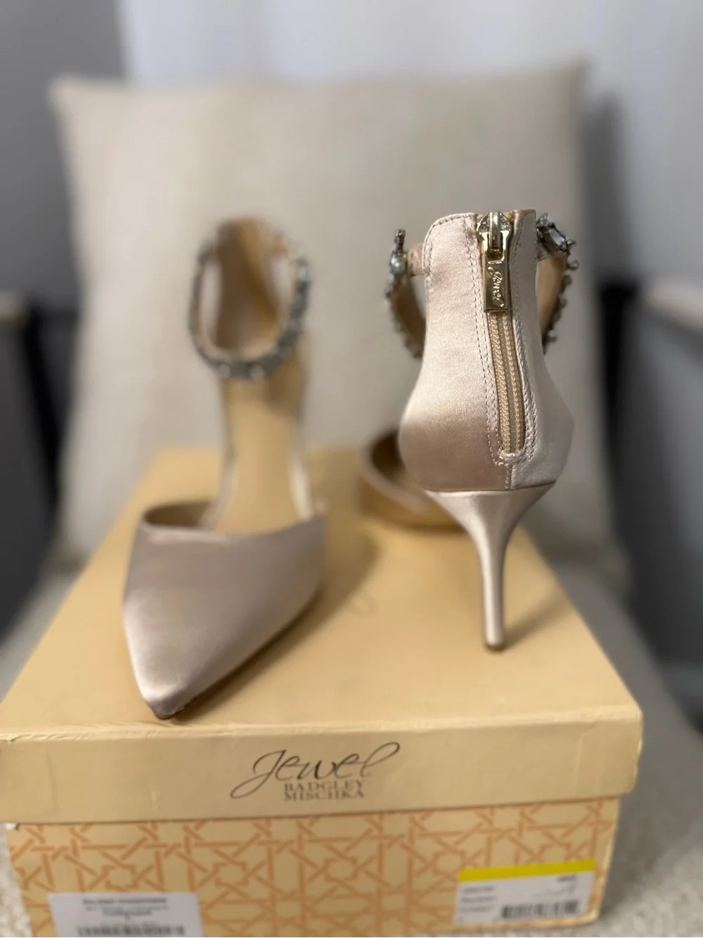 Jewel Badgley Mischka Champagne Satin Jeweled Ankle-Strap Stilettos